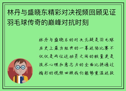 林丹与盛晓东精彩对决视频回顾见证羽毛球传奇的巅峰对抗时刻